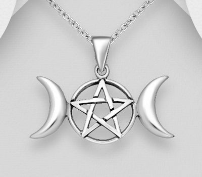 925 Sterling Silver Crescent Moon Pendant, Featuring Pentagram Star