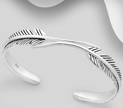 925 Sterling Silver Oxidized Feather Feather Cuff Bracelet