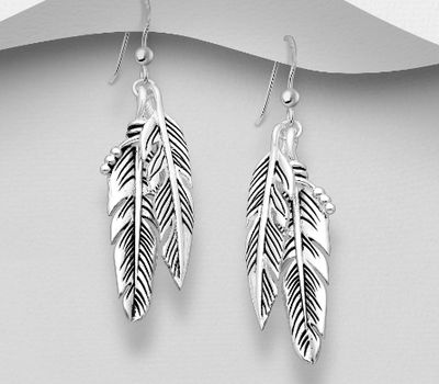 925 Sterling Silver Feather Hook Earrings, Decorated with Colored Enamel