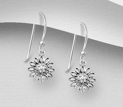 925 Sterling Silver Oxidized Flower Hook Earrings