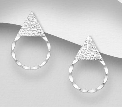 925 Sterling Silver Circle Push-Back Earrings Featuring Textured Triangle Shape