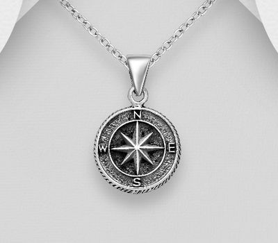 925 Sterling Silver Oxidized Compass Pendant