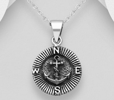 925 Sterling Silver Oxidized Anchor and Compass Pendant