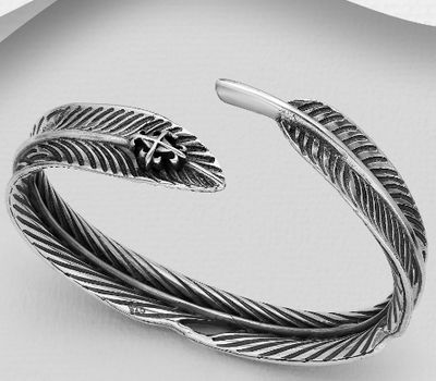 925 Sterling Silver Oxidized Feather Fleur De Lis Cuff Bracelet