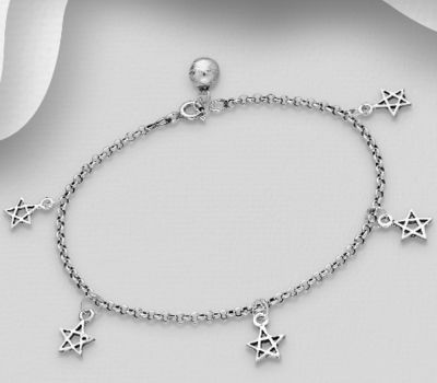 925 Sterling Silver Oxidized Bell and Star Bracelet