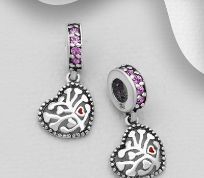 925 Sterling Silver Heart And Tree of Life Bead-Charm Decorated With Colored CZ And Enamel