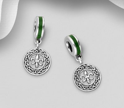 925 Sterling Silver Oxidized Celtic And Fleur de lis Bead-Charm Decorated With Colored Enamel