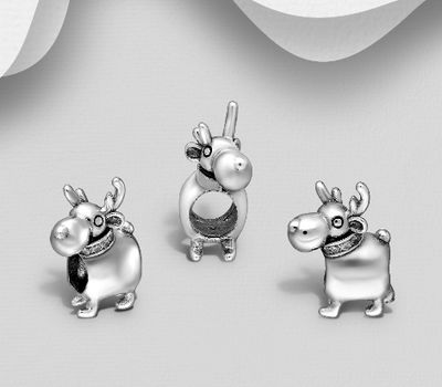 925 Sterling Silver Deer Bead, Decorated with CZ Simulated Diamonds