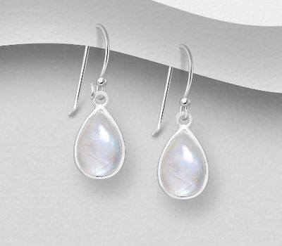 925 Sterling Silver Droplet Hook Earrings, Decorated with Rainbow Moonstone