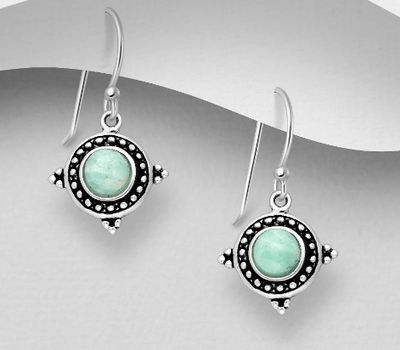 925 Sterling Silver Oxidized Circle Hook Earrings, Decorated with Amazonite