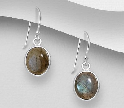 925 Sterling Silver Oval Hook Earrings, Decorated with Gemstones