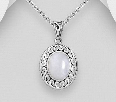 925 Sterling Silver Swirl Oval Pendant, Decorated with Rainbow Moonstone