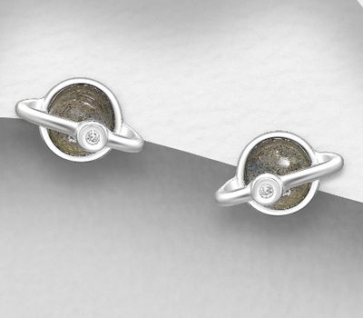 925 Sterling Silver Saturn Push-Back Earrings, Decorated with CZ Simulated Diamonds and Labradorite