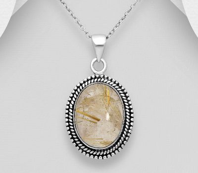 925 Sterling Silver Oxidized Pendant, Decorated with Rutilated Quartz