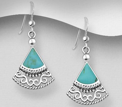 925 Sterling Silver Oxidized Spiral Hook Earrings, Decorated with Reconstructed Turquoise