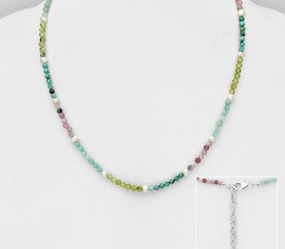 925 Sterling Silver Necklace, Beaded with Amazonite, Amethyst, Freshwater Pearls, Peridot, Tourmaline and Turquoise