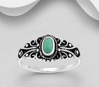 925 Sterling Silver Oxidized Swirl Ring, Decorated with Reconstructed Turquoise