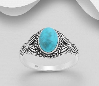 925 Sterling Silver Oxidized Oval Ring, Decorated with Reconstructed Sky-Blue Turquoise or Various Gemstones