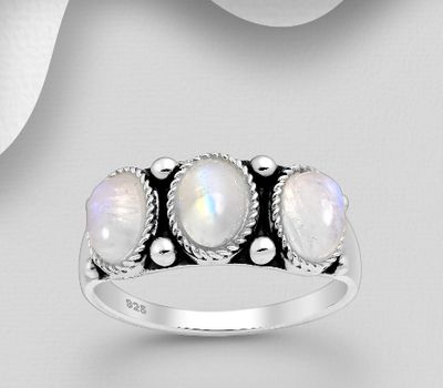 925 Sterling Silver Ring, Decorated with Rainbow Moonstone