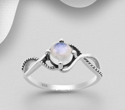 925 Sterling Silver Oxidized Ring, Decorated with Circle Rainbow Moonstone