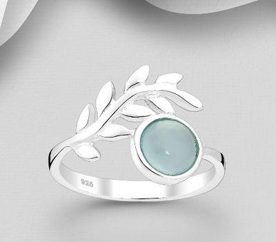 925 Sterling Silver Leaf Ring, Decorated with Light Sky-Blue Chalcedony