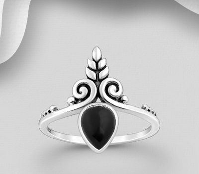 925 Sterling Silver Oxidized Swirl Leaf Ring, Decorated with Reconstructed Stone or Resin