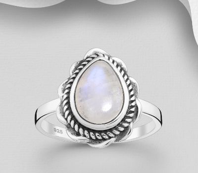 925 Sterling Silver Oxidized Droplet Ring, Decorated with Rainbow Moonstone