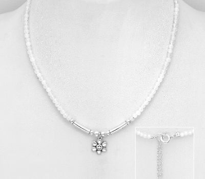 925 Sterling Silver Necklace, Featuring Ball and Smiley Flower, Beaded with Moonstone