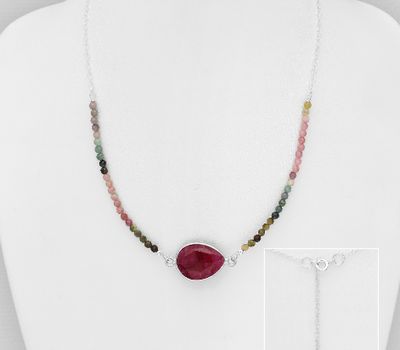 925 Sterling Silver Pear-Shape Necklace, Decorated with Ruby and Tourmalines