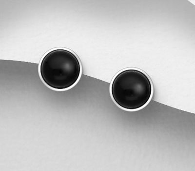 925 Sterling Silver Push-Back Earrings, Decorated With Onyx