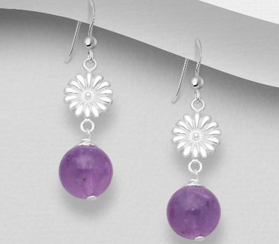 925 Sterling Silver Flower Hook Earrings, Decorated with Various Gemstone Beads