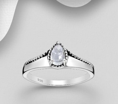 925 Sterling Silver Oxidized Droplet Ring, Decorated with Rainbow Moonstone