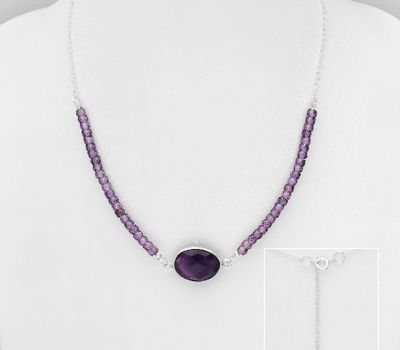 925 Sterling Silver Oval Necklace, Decorated with Amethyst