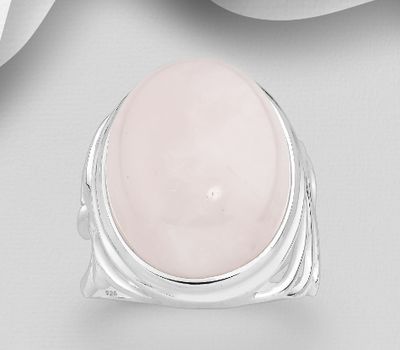 925 Sterling Silver Oval Ring, Decorated with Rose Quartz