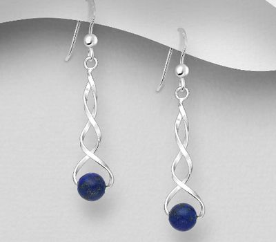 925 Sterling Silver Spiral Hook Earrings, Decorated with Black Agate or Lapis Lazuli