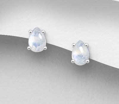 925 Sterling Silver Droplet Push-Back Earrings, Decorated with Rainbow Moonstone