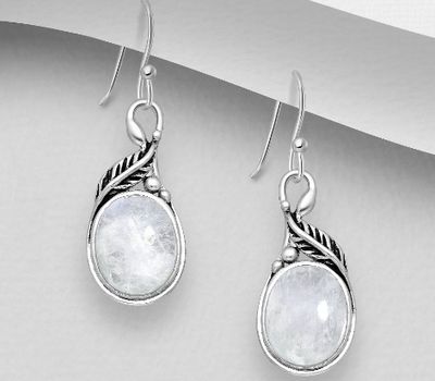 925 Sterling Silver Oxidized Leaf Hook Earrings, Decorated with Rainbow Moonstone