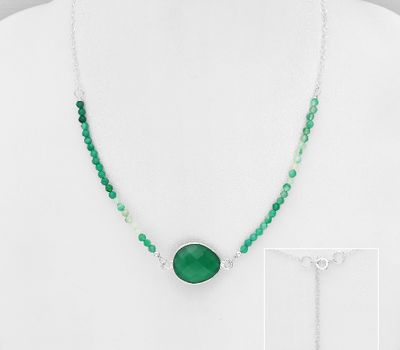 925 Sterling Silver Droplet Necklace, Decorated with Green Onyx