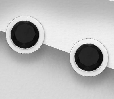 925 Sterling Silver Push-Back Earrings, Decorated with Onyx