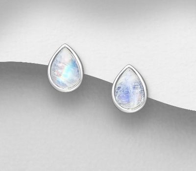 925 Sterling Silver Droplet Push-Back Earrings, Decorated with Rainbow Moonstone