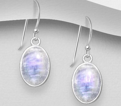 925 Sterling Silver Hook Earrings, Decorated with Rainbow Moonstone