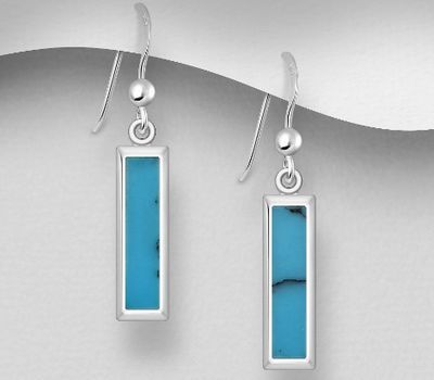 925 Sterling Silver Rectangle Hook Earrings, Decorated with Reconstructed Stone or Resin