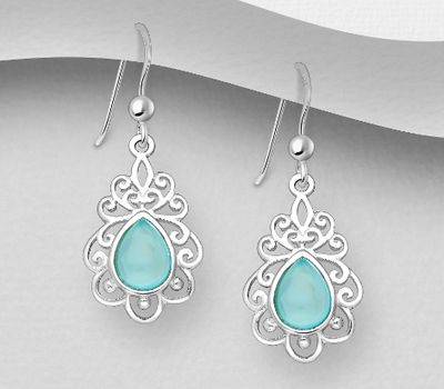 925 Sterling Silver Swirl Hook Earrings, Decorated with Aqua Chalcedony