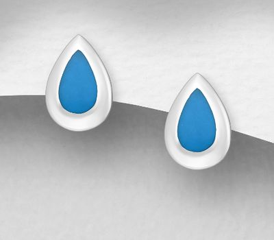 925 Sterling Silver Droplet Push-Back Earrings, Decorated with Resin