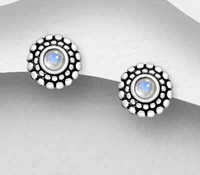 925 Sterling Silver Oxidized Circle Push-Back Earrings, Decorated with Rainbow Moonstone