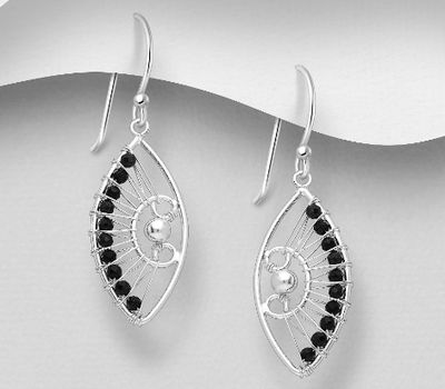 925 Sterling Silver Hook Earrings, Beaded with Black Agate