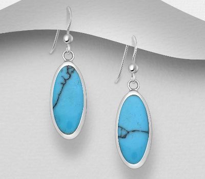 925 Sterling Silver Oval Hook Earrings, Decorated with Reconstructed Stone or Resin