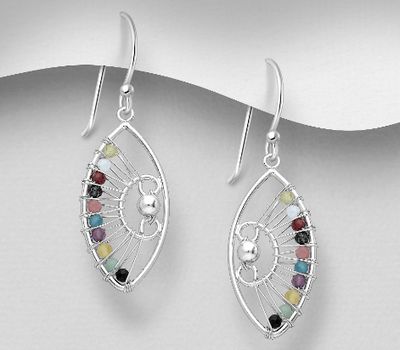 925 Sterling Silver Hook Earrings, Beaded with Amazonite, Amethyst, Black Agate, Blue Apitite, Garnet, Moonstone, Peridot, Pink Tourmaline, Rutilated Quartz and Yellow Opal