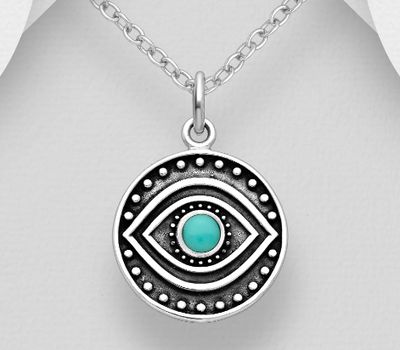 925 Sterling Silver Oxidized Eye Pendant, Decorated with Reconstructed Stone or Resin