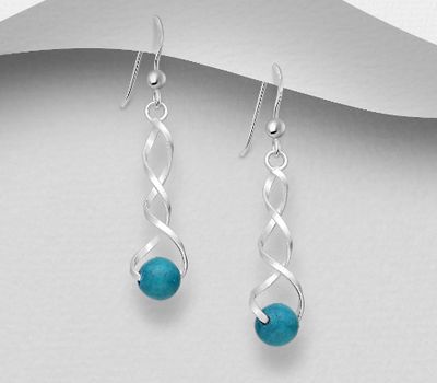 925 Sterling Silver Spiral Hook Earrings, Decorated with Reconstructed turquoise